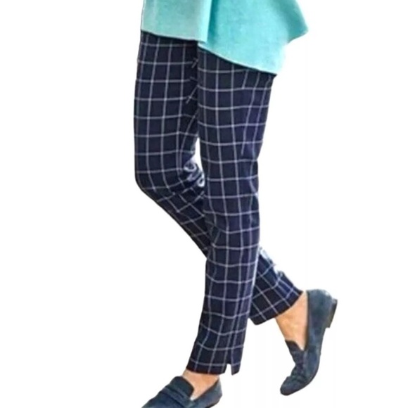 J. Jill Pants Sz 14 Navy Blue Plaid Essential Cotton Stretch Ankle Pull On - Picture 1 of 10